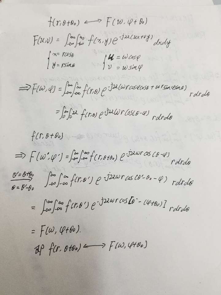 证明傅里叶变换的旋转不变性:f(r,θ θ0)f(ω,φ θ0)?