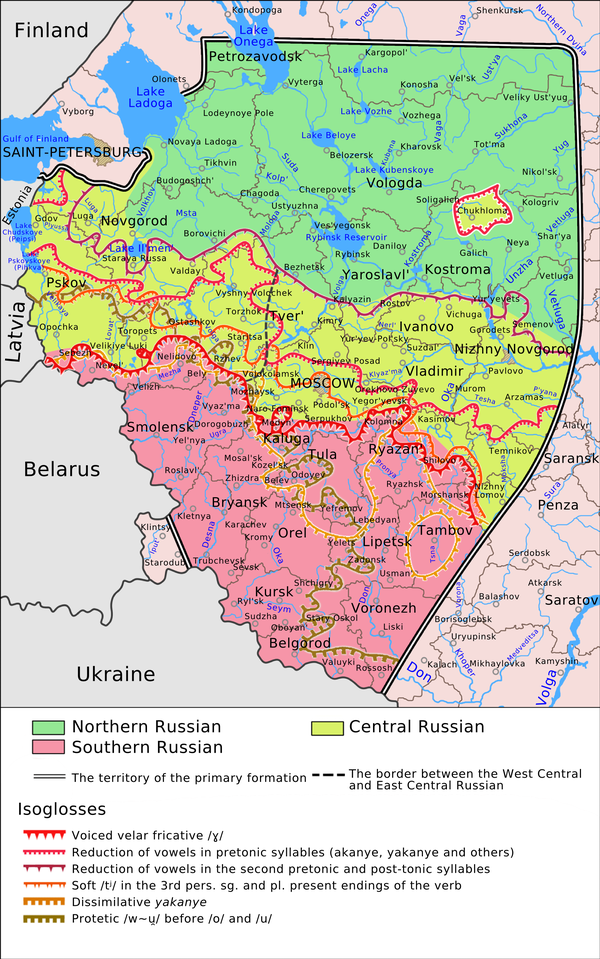 南部方言的最明显特征是г读成//,有点像白俄罗斯语和乌克兰语.
