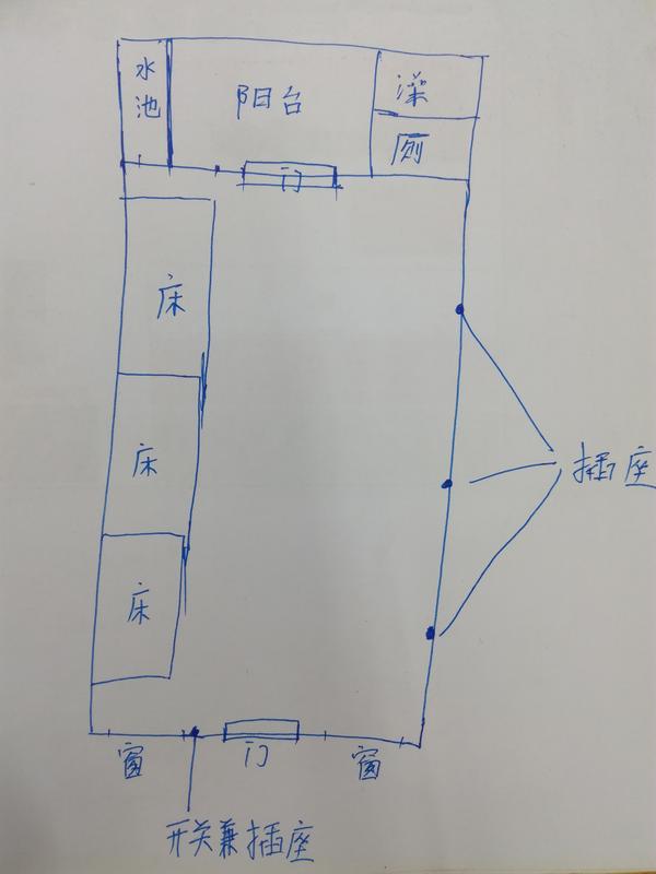 手绘了宿舍平面图,非专业,能看就行.