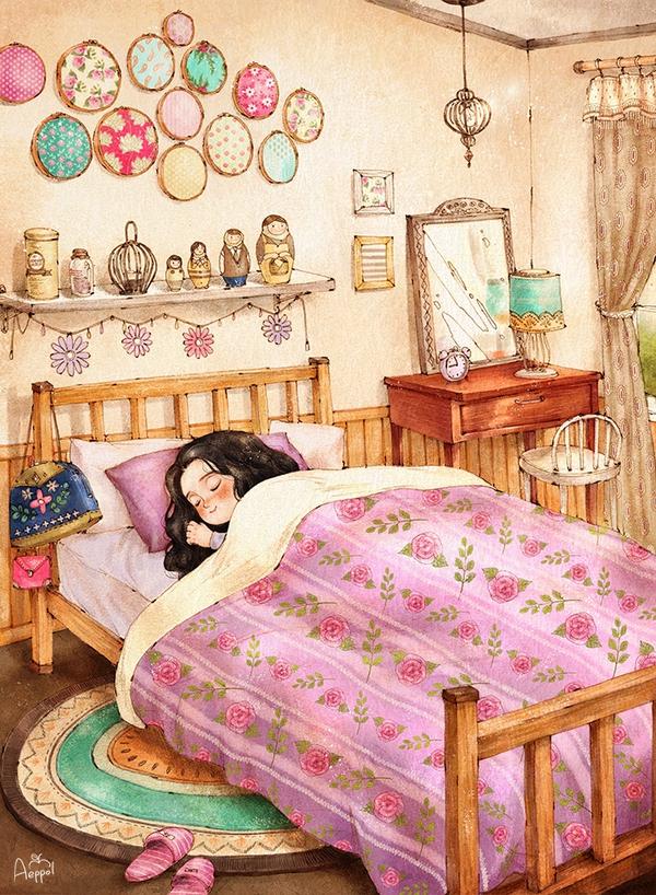 的一个系列暖心插画图集,讲述了一个独居小女孩儿和长着鹿角的小狗