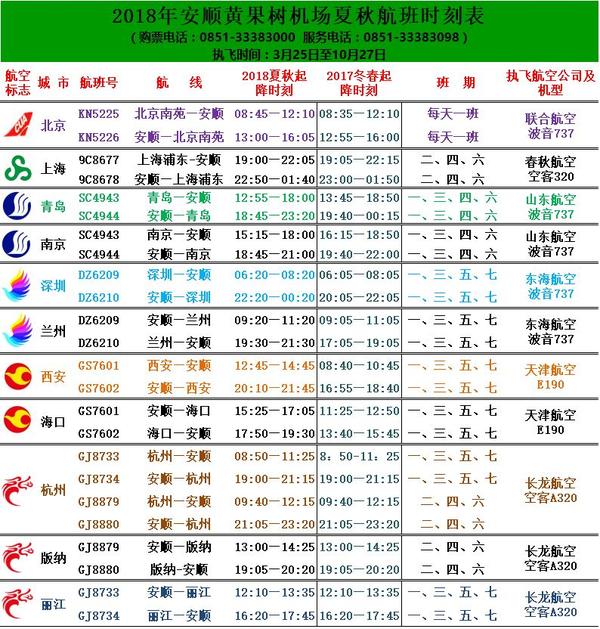 快快收藏,安顺黄果树机场2018年夏秋航季航班时刻表新鲜出炉