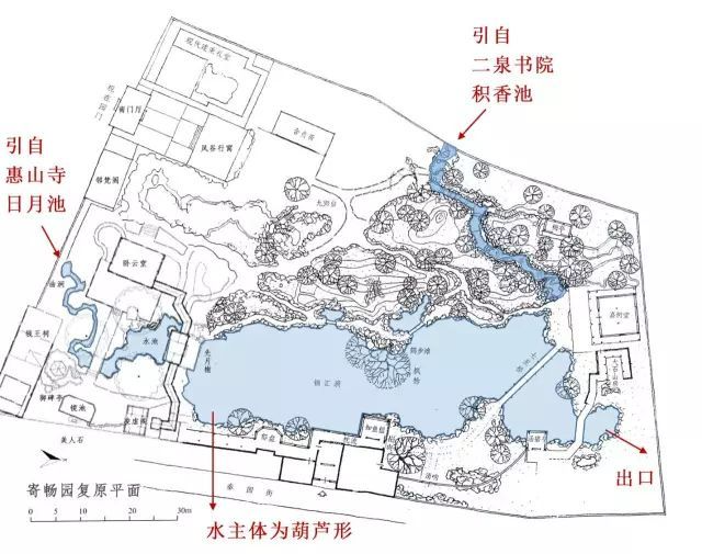 无几,在水系中有中岛,万松坞与三保岛三座小岛,典型的一池三山的布局