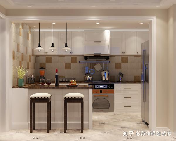 采用时下流行的半开放式厨房,通过瓷砖的搭配营造出温馨的感觉.