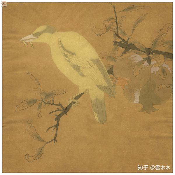 宋小品国画工笔,绘画步骤图《榴枝黄鸟图 》 尺寸:35×35cm