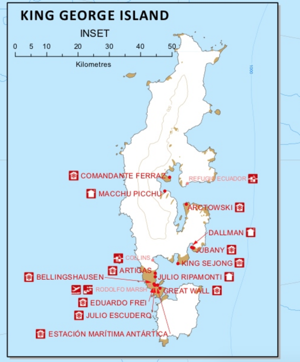 长城站所在的乔治王岛地区的科考站密度(这还没算上在半岛大路上的科