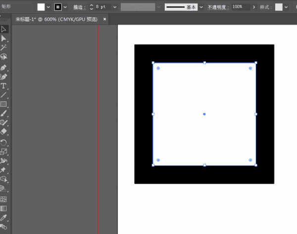 在"对齐描边"中,有三种样式:使描边外侧对齐,使描边居中对齐
