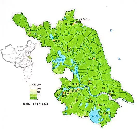 大部分土地都是2900多条河流冲积出的肥沃平原,江苏也是中国 地势最低
