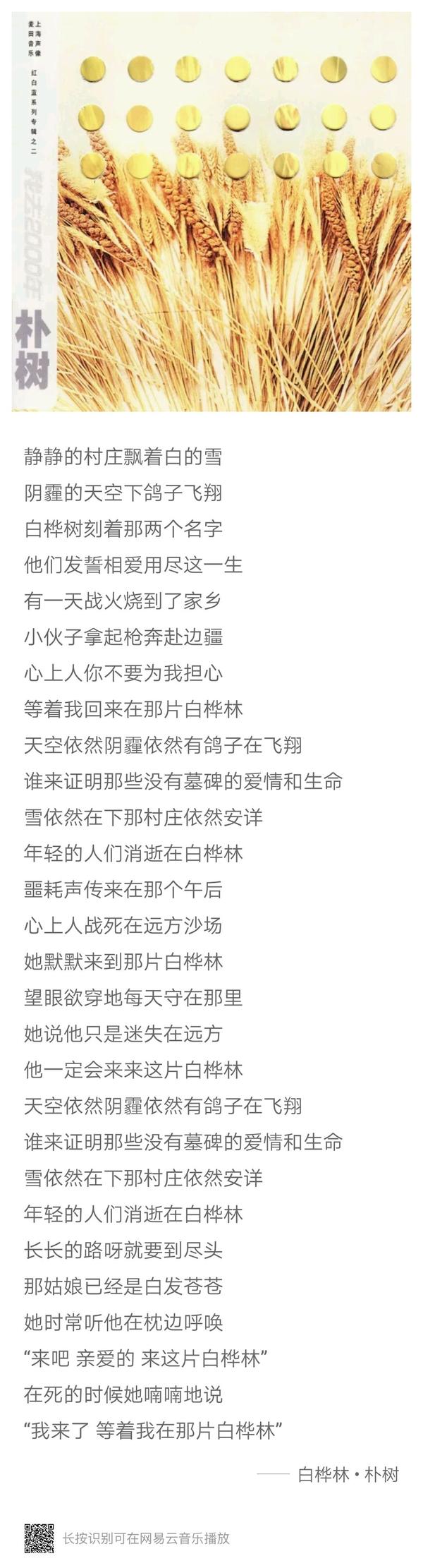 朴树的《白桦林》吧,唱时是歌,读时就是一个故事.