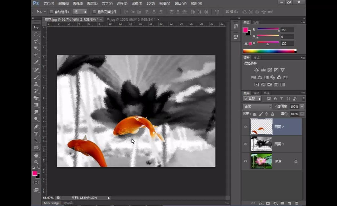 ps水墨画特效制作视频:鱼戏荷花黑白图片调整滤镜喷溅