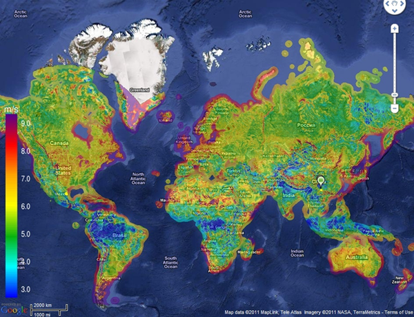 下图1是全球陆地及近海地区平均风速分布图,可以看到:世界风能资源多