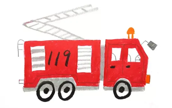 小朋友们 要记住 消防车是红色的 还有火警电话是"119"哦!