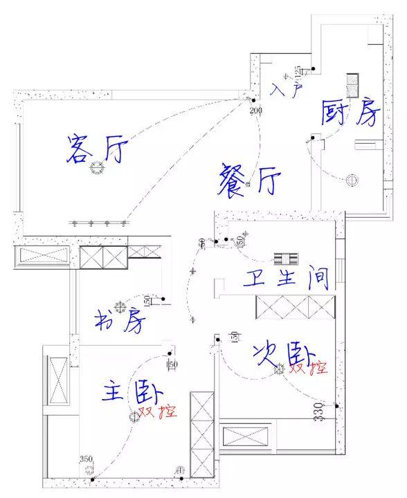 开关点位布局(小水家原始套二户型,u家工场标配水电位59个,妥妥的够用