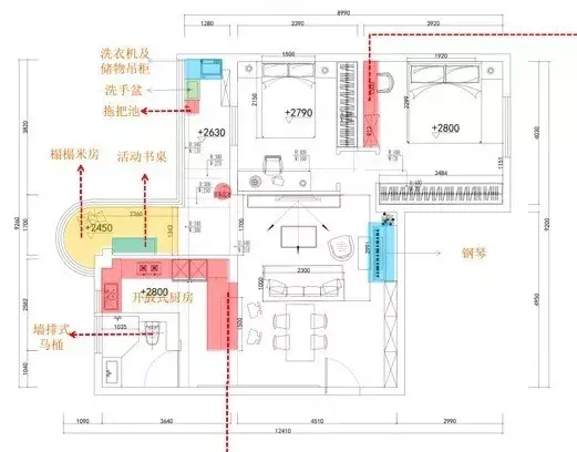 一个是设置洗衣机及储物吊柜,放置洗手盆和拖把等的 卫生空间