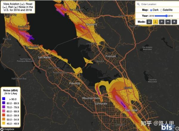从上图,可以看到噪音污染比较严重的区域一般分布在机场起落的航