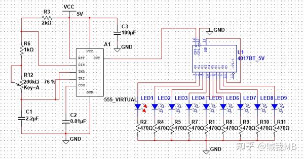 用555定时器加cd4017实现流水灯multisim仿真