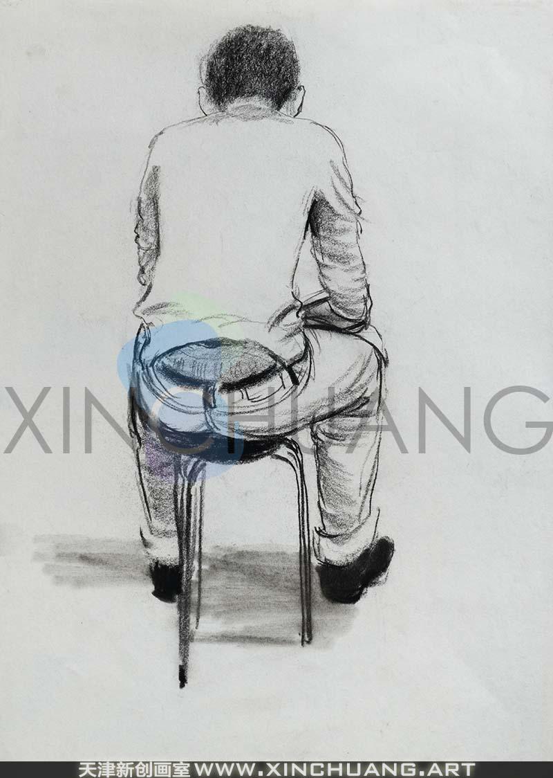 男青年坐姿背影动态速写写生天津新创画室