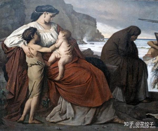油画里描绘了美狄亚杀掉自己儿子们前与他们相处的最后一幕