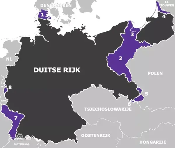 紫色部分为一战后德国割让的领土