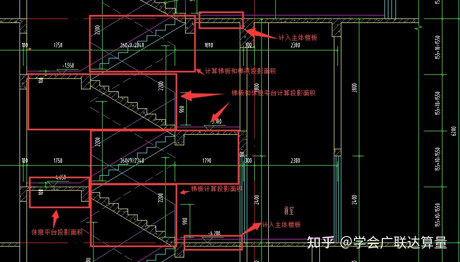 当一个自然层存在三跑以及以上的楼梯时候,在计算其投影面积时候按照