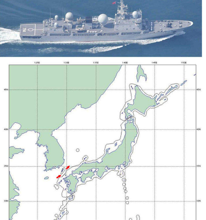 日防卫省发布11日解放军侦察船穿过对马海峡进入日本海的路线而根据