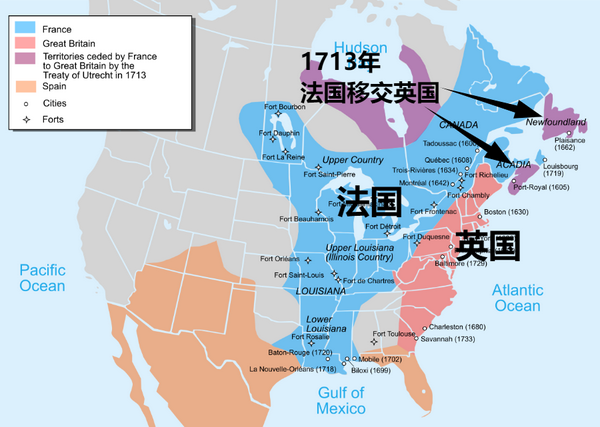 《巴黎条约》中,法国把苦心经营的"新法兰西"割让给英国.