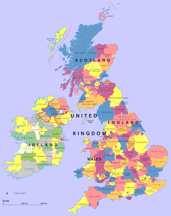 注意,图中有爱尔兰共和国,威尔士和英格兰内部都是新的行政区划标准.