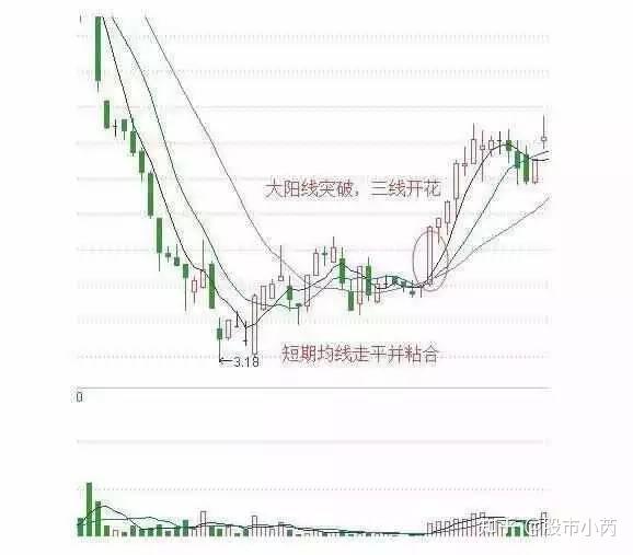 股价出现了拔地长阳,一举穿越了三条均线,出现了三线开花的时候,次日