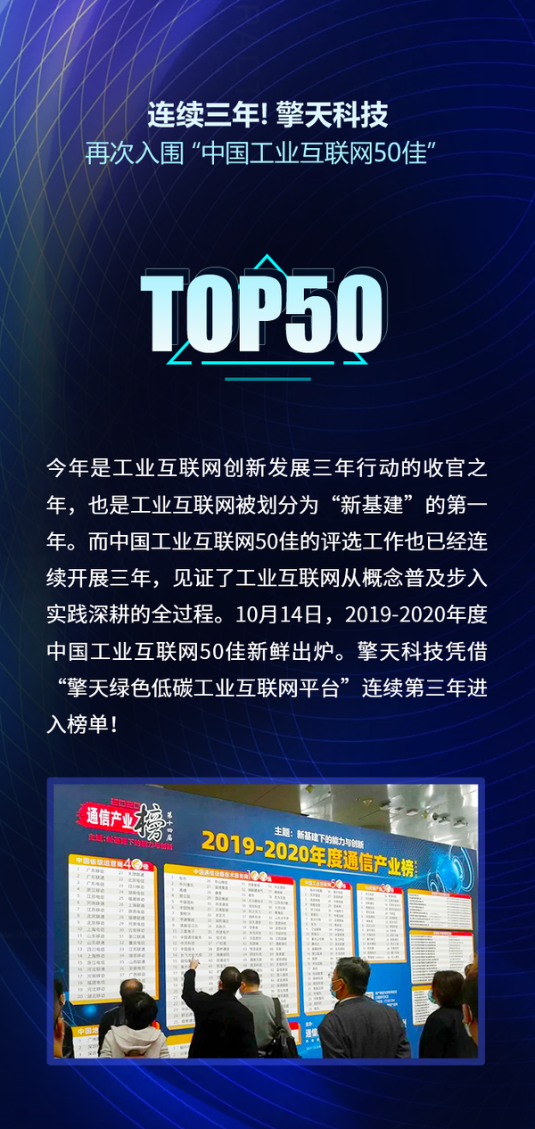 连续三年擎天科技再次入围中国工业互联网50佳