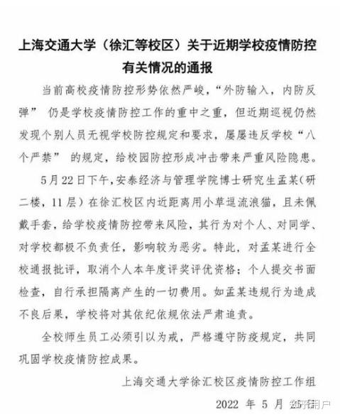 上海交大博士校园内逗流浪猫全校通报批评取消评奖评优你怎么看