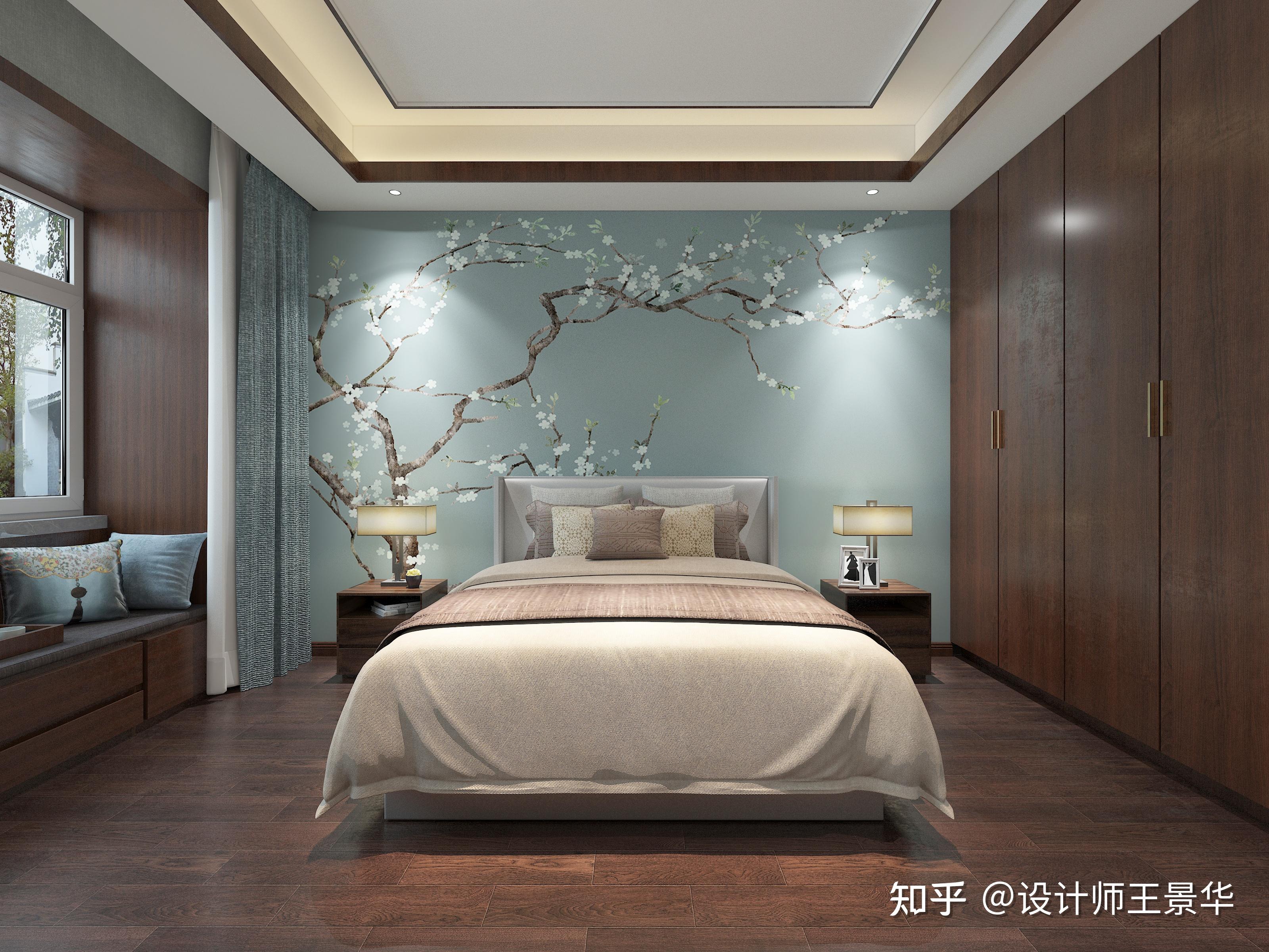 卧室床头背景是梅花,象征着顽强,雅致和贞节,代表着傲然挺立,高洁