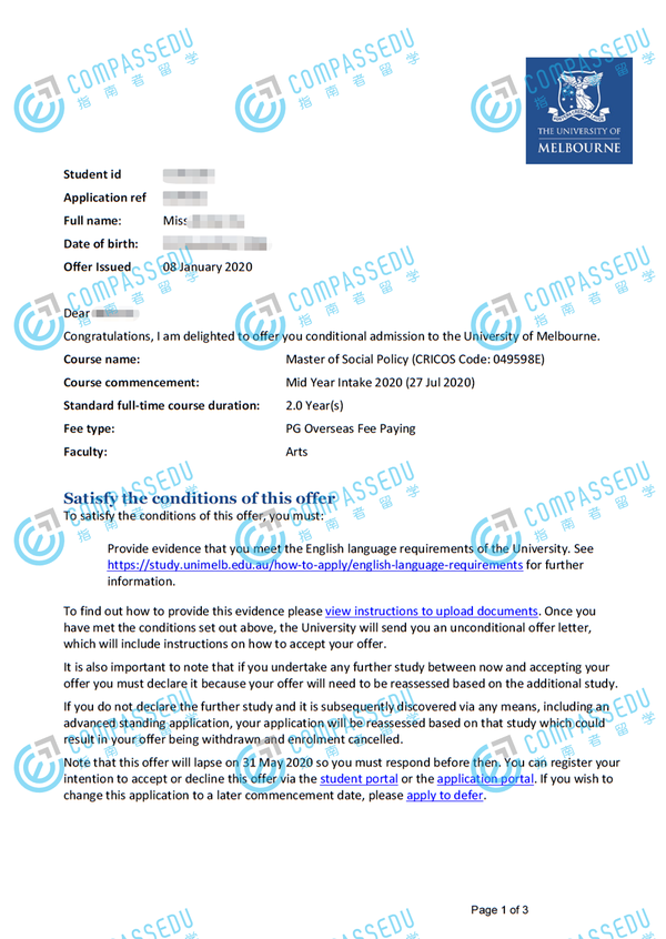 墨尔本大学社会政策学硕士研究生offer一枚