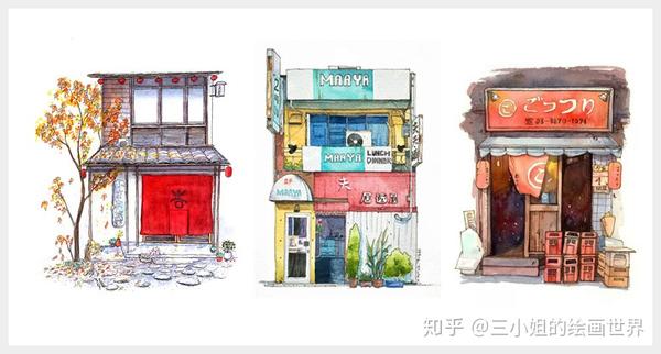 新手小白必须收集的水彩插画素材日式建筑商铺