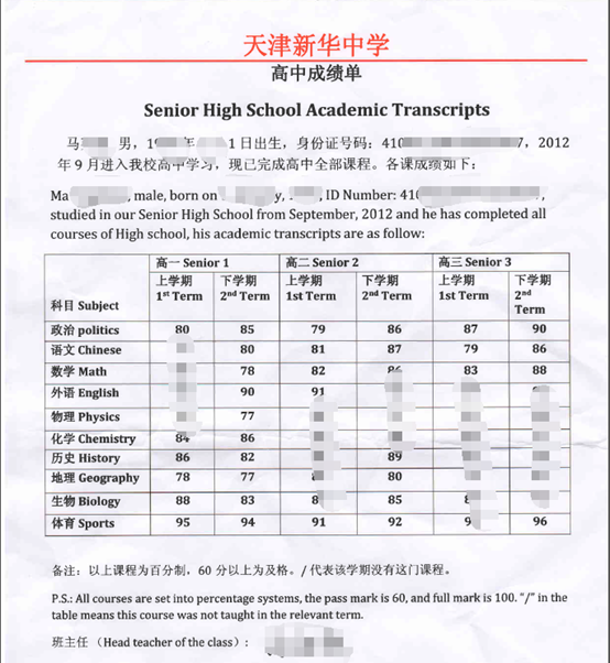 m 同学高中三年完整成绩单