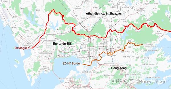 下率先发展市场经济而在1980年建立的深圳经济特区(sez)的城市边界,它