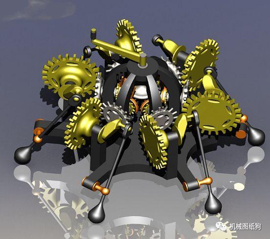 精巧机构六足齿轮系统图纸solidworks设计齿轮传动模型