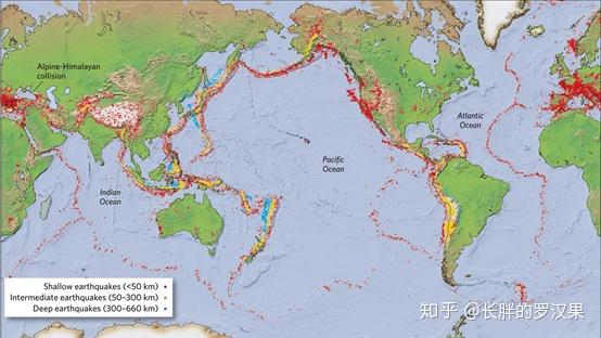 大多数地震发生在沿着板块边界的地震带上,点的颜色表示到震源的深度