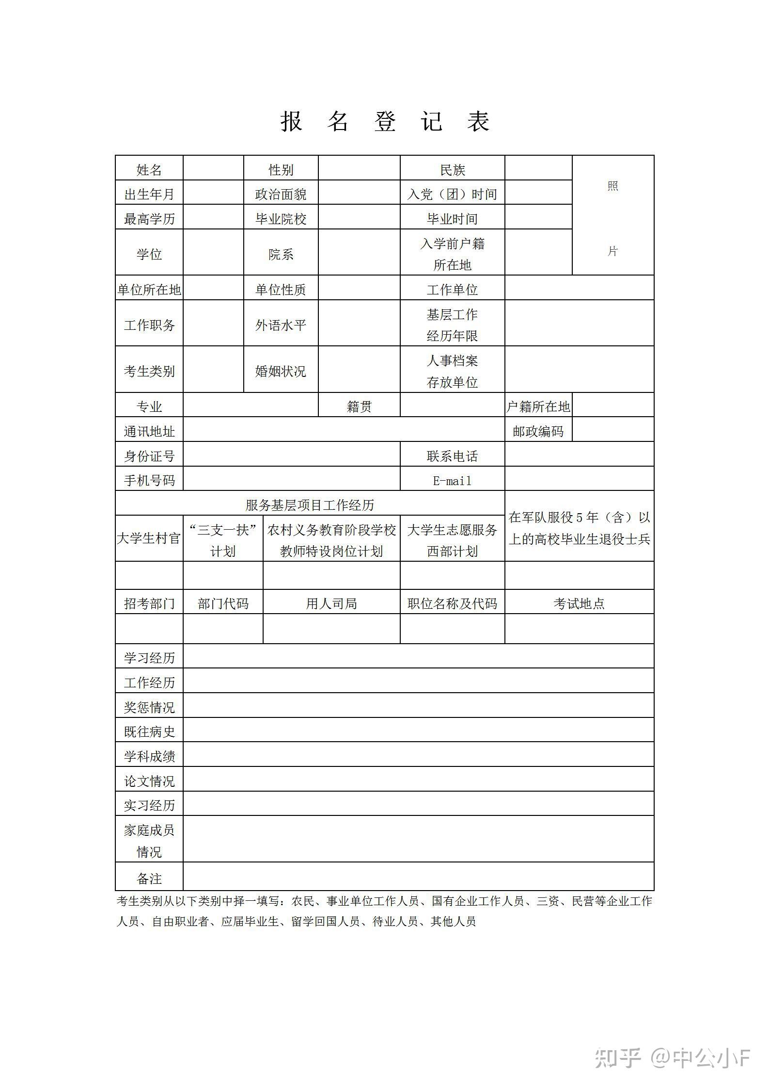 2022国家公务员考试报名登记表