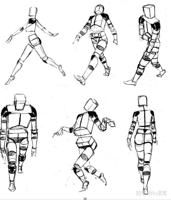 走姿 画走姿时要注意四肢的圆柱体的摆动关系,多注意圆柱体的圆切面和