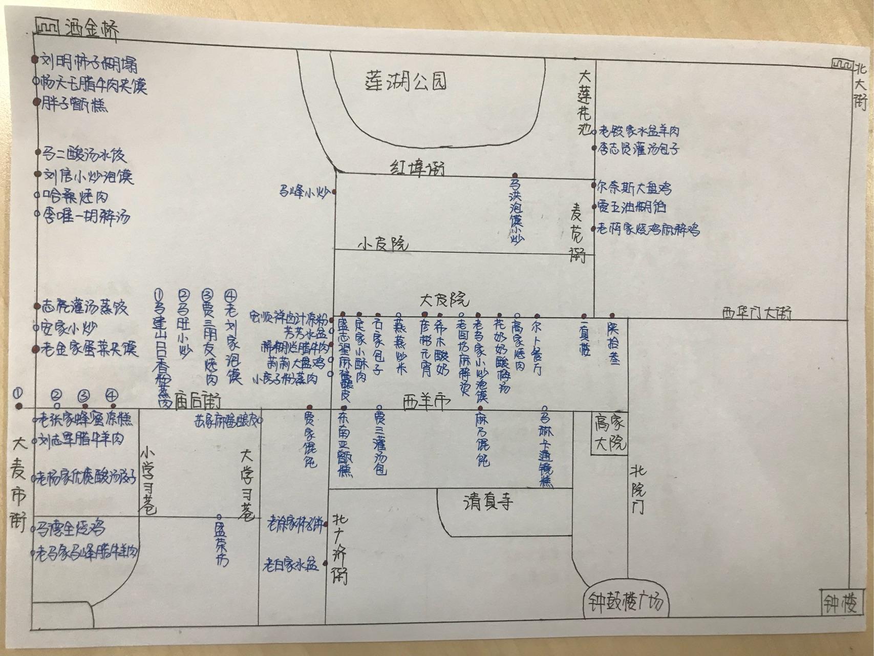 一张美食地图带你吃遍回民街 手绘版回民街美食地图 细节图 仅供参考