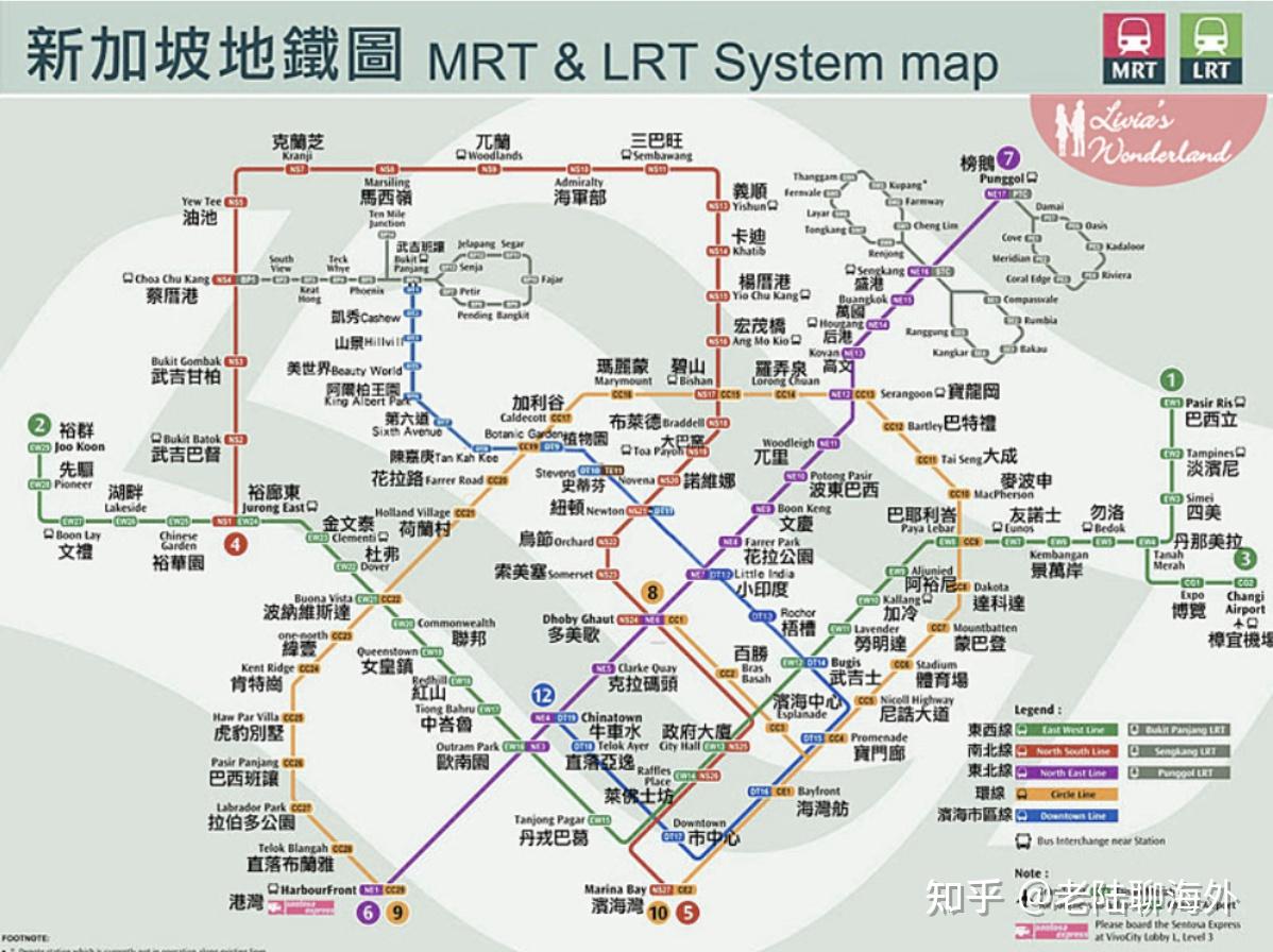该系统以5条地铁线路:东西线(绿线),南北线(红线),东北线(紫线),环线