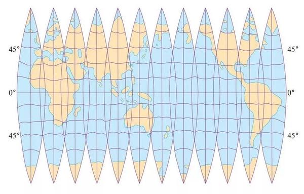 中学地理书上的橘子皮地图,就是典型的高斯-克吕格投影