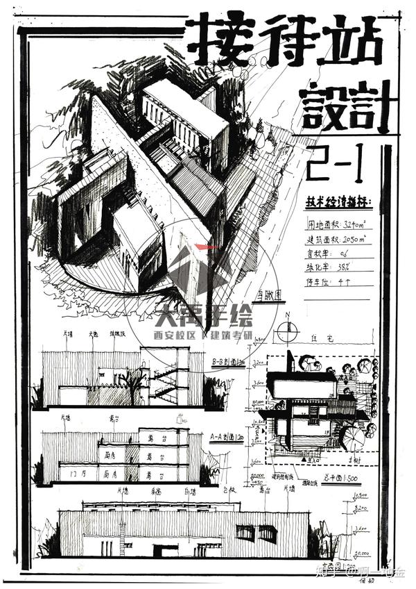 今日分享二接待站设计大禹手绘2020寒假班建筑快题作品欣赏