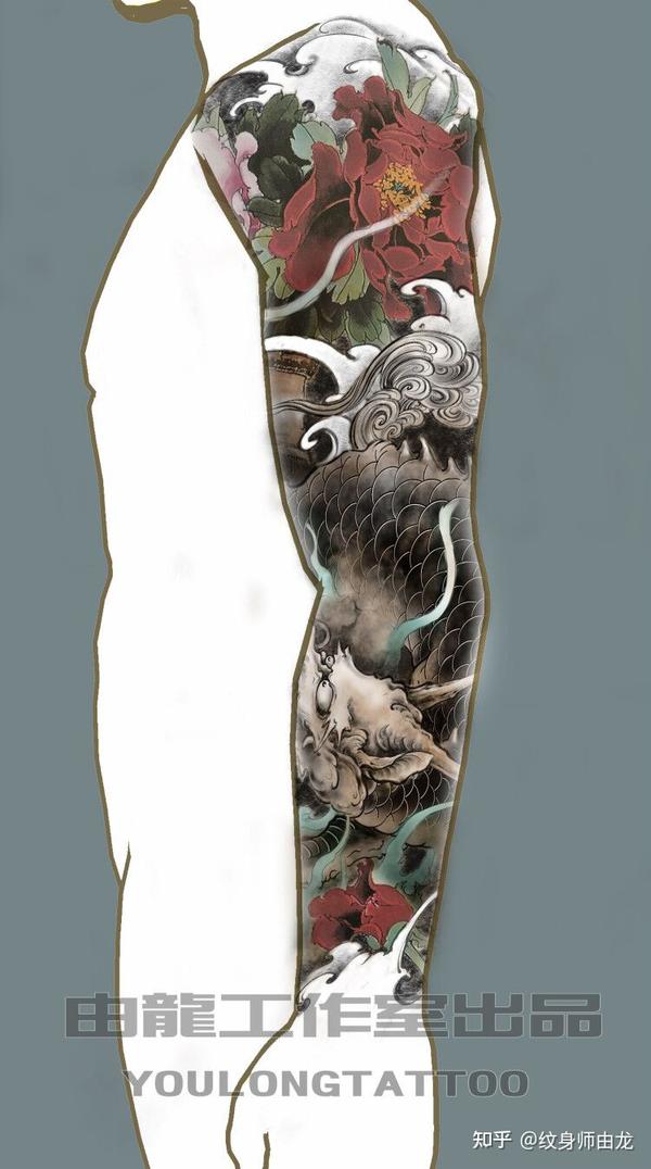 牡丹麒麟纹身花臂设计