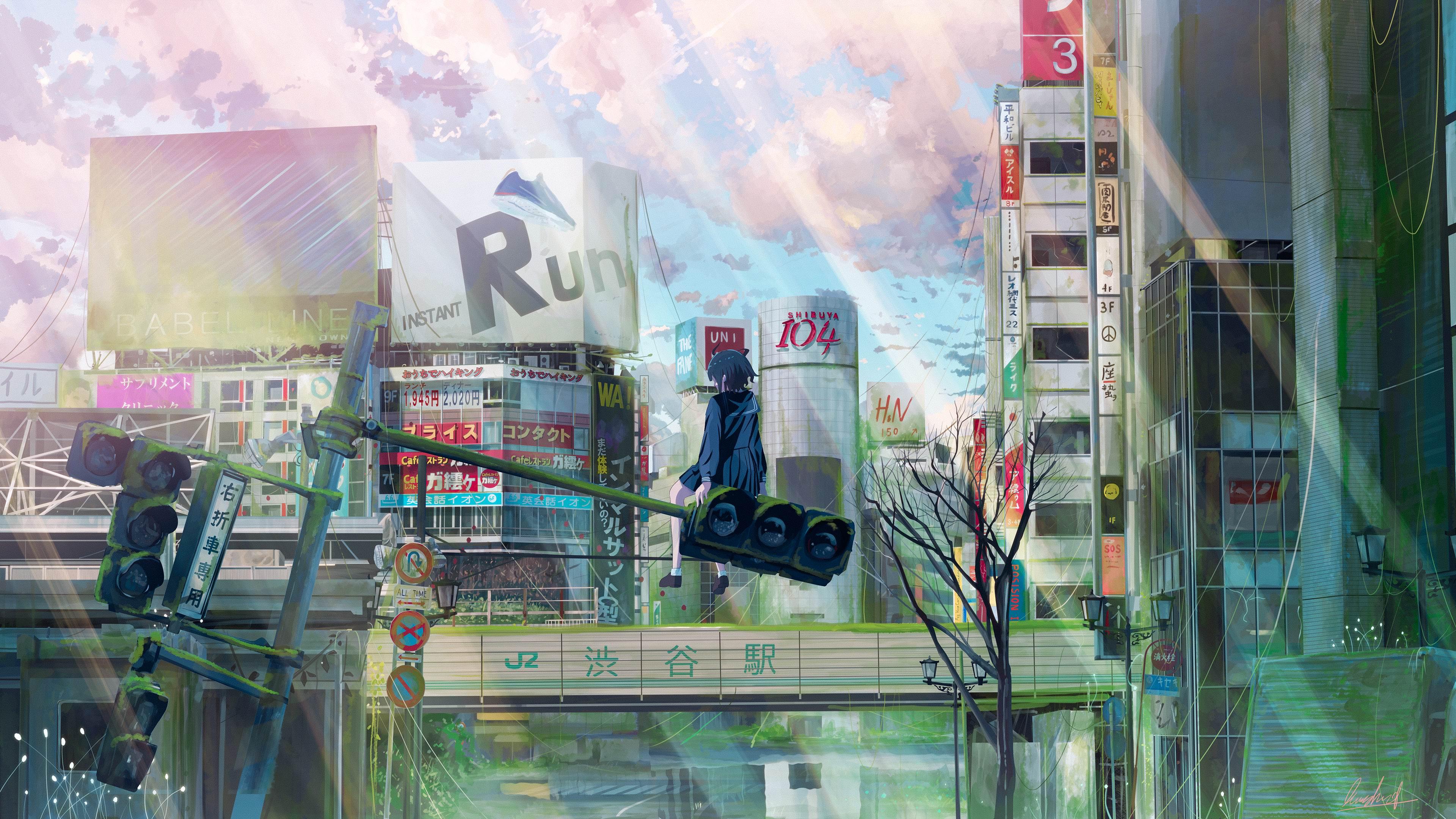 找一张动漫风壁纸是涩谷站前面有一个女孩坐在红绿灯上面就她一个人哪