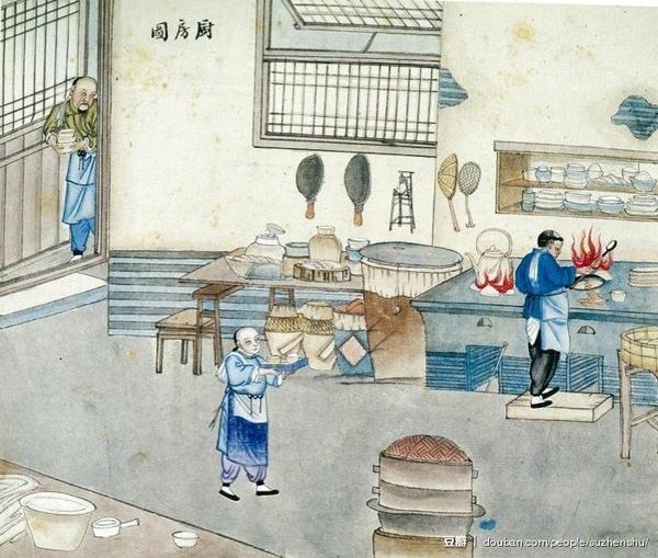 《北京风俗图谱》插图:清朝厨房(青木正儿编,北京画师刘延年绘于1925