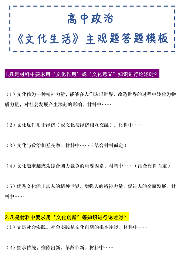 高中政治《文化生活》主观题,精炼答题模板必背,摆脱大题困扰!