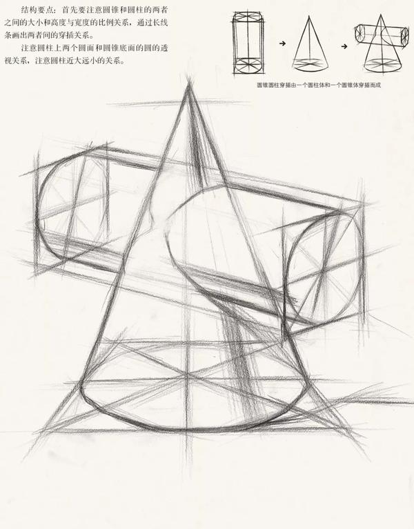 素描入门 石膏几何体组合圆柱圆锥穿插的画法步骤