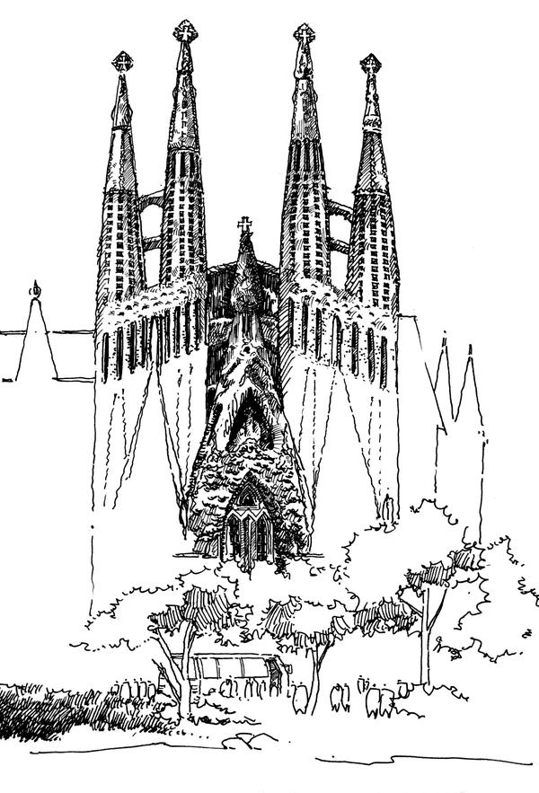 手绘"圣家族教堂"(钢笔起稿,以马克笔和彩铅作为上色材料)