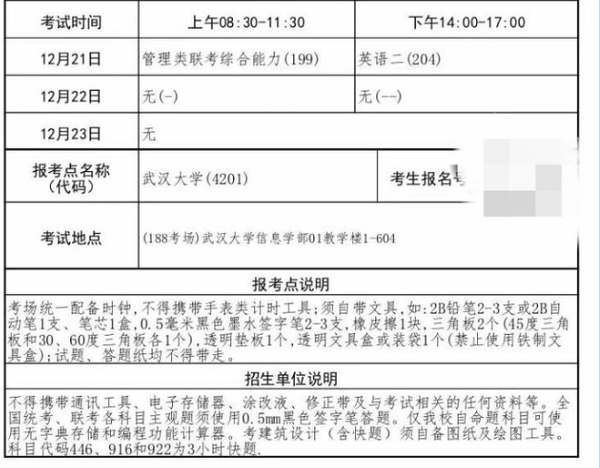 武汉大学mba准考证