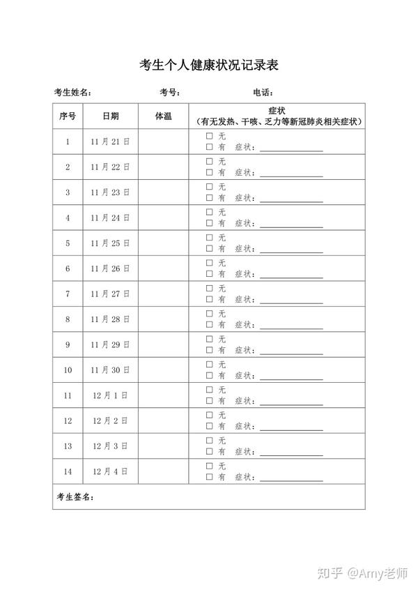 4,14天考生个人健康记录表(手写记录)